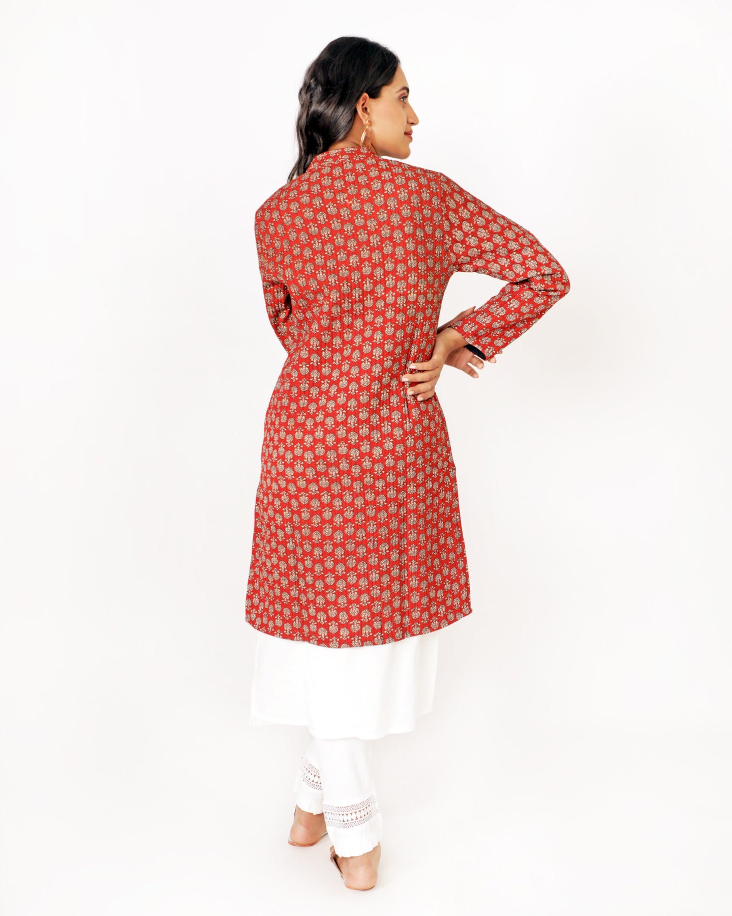 Red Cotton Hand Block Printed Long Jacket