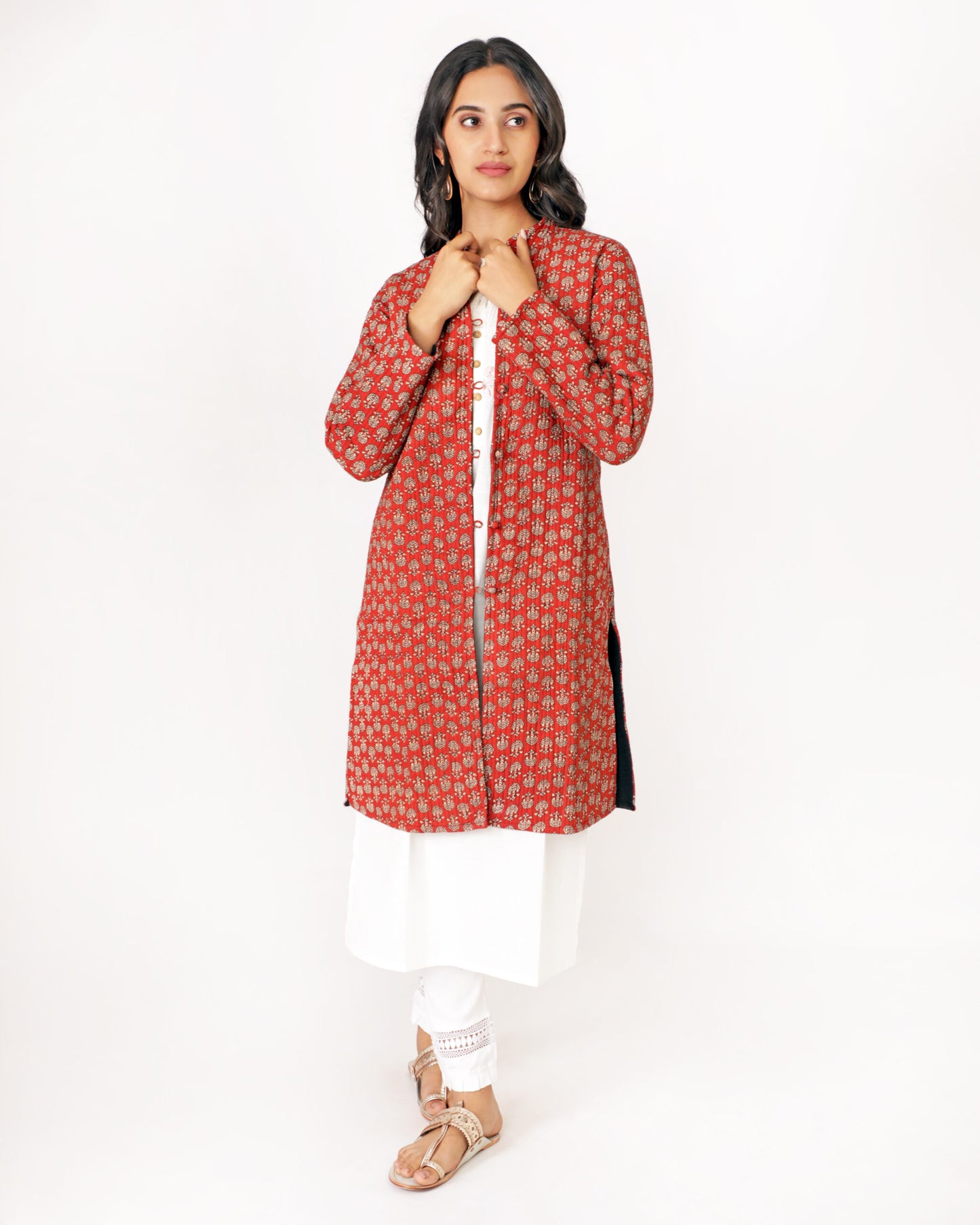 Red Cotton Hand Block Printed Long Jacket