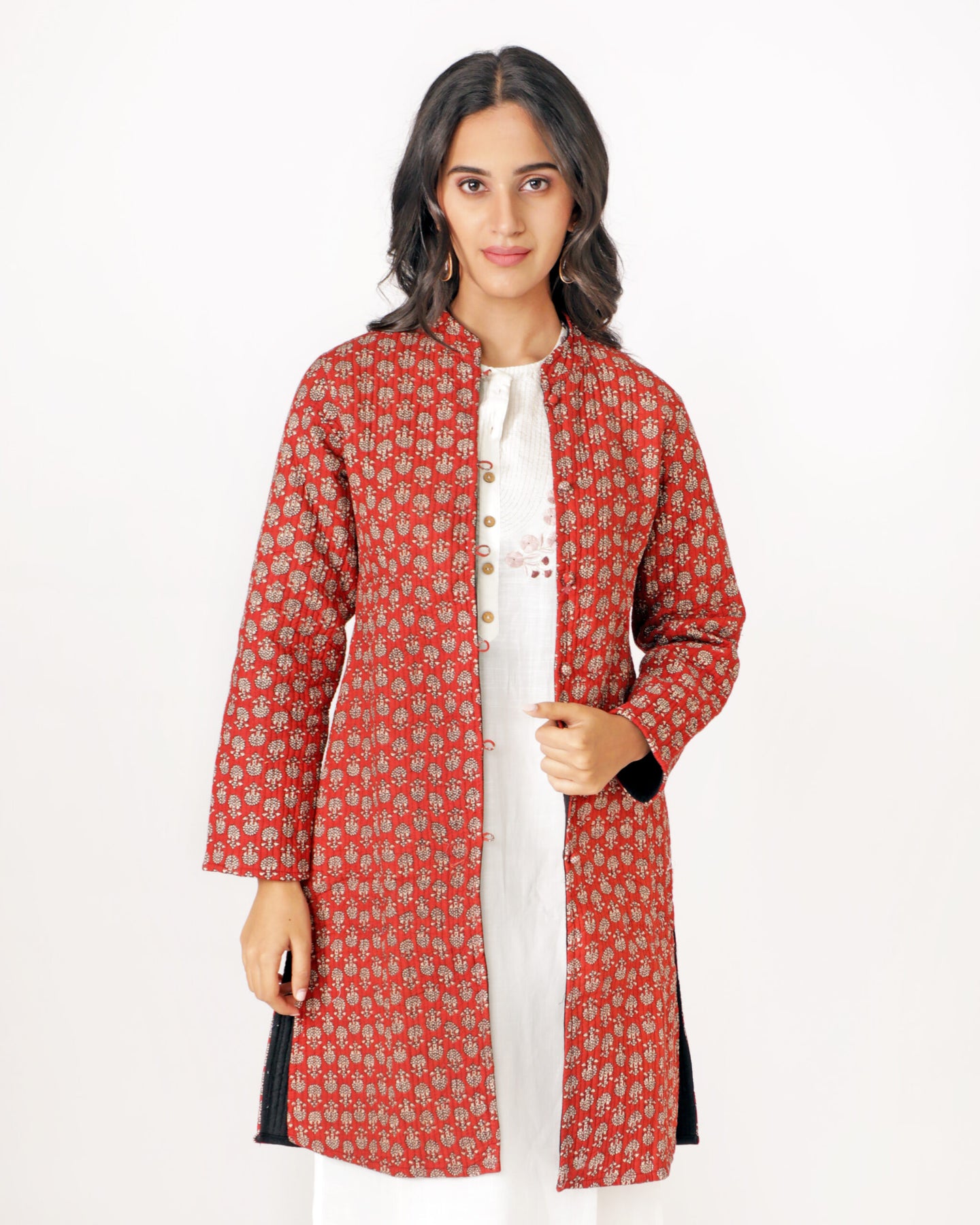 Red Cotton Hand Block Printed Long Jacket