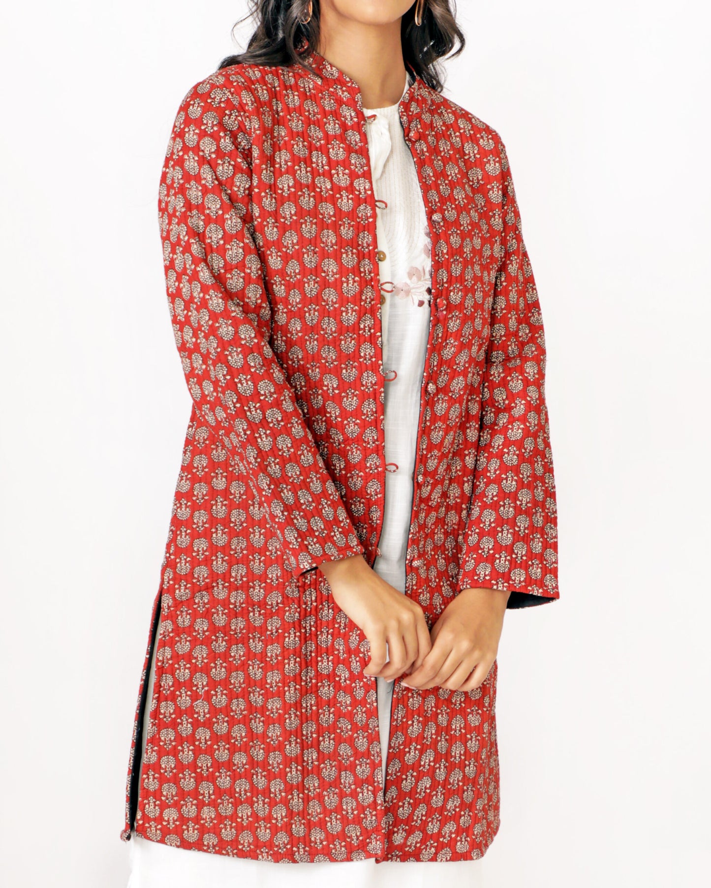 Red Cotton Hand Block Printed Long Jacket