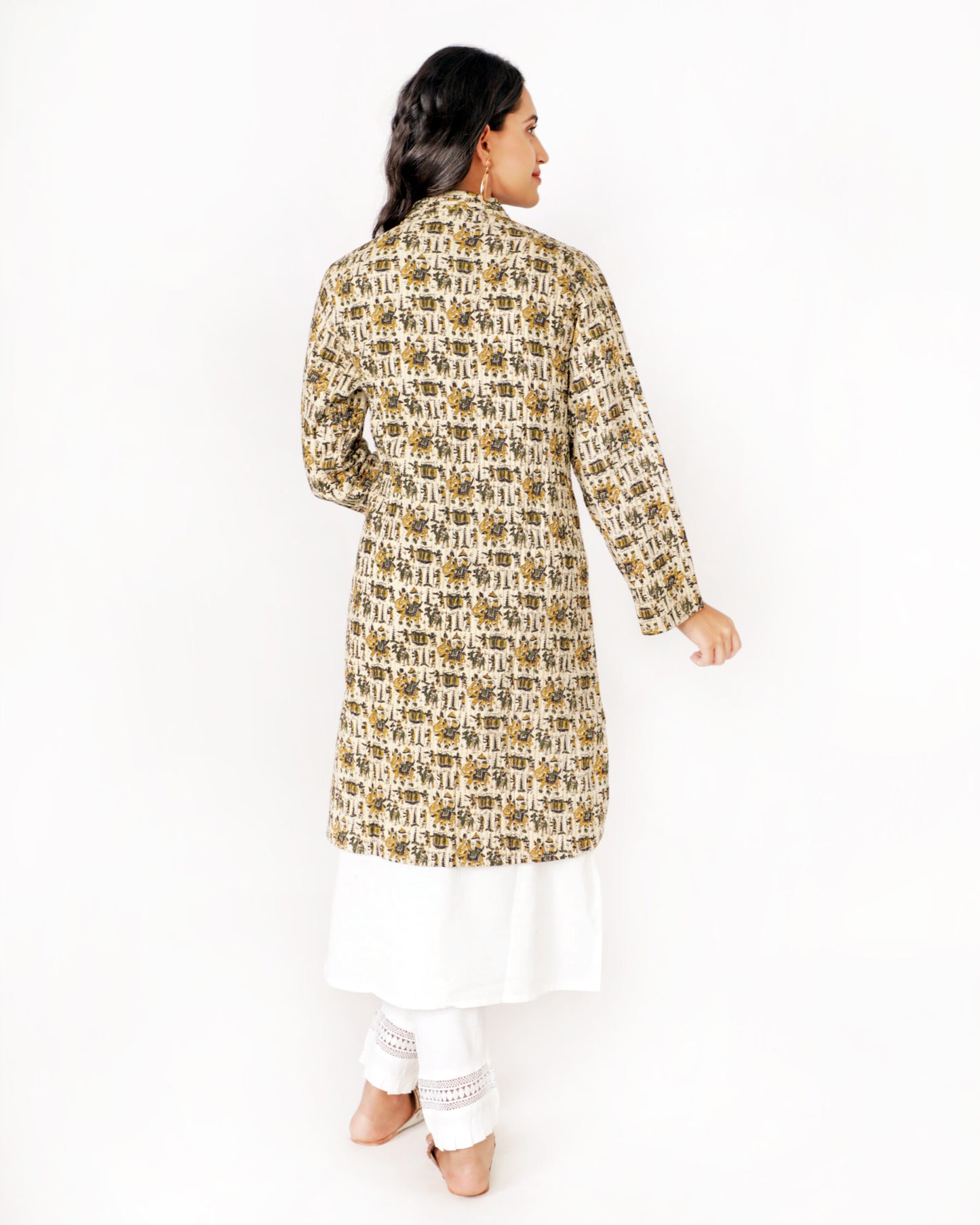 Beige Cotton Hand Block Printed Long Jacket