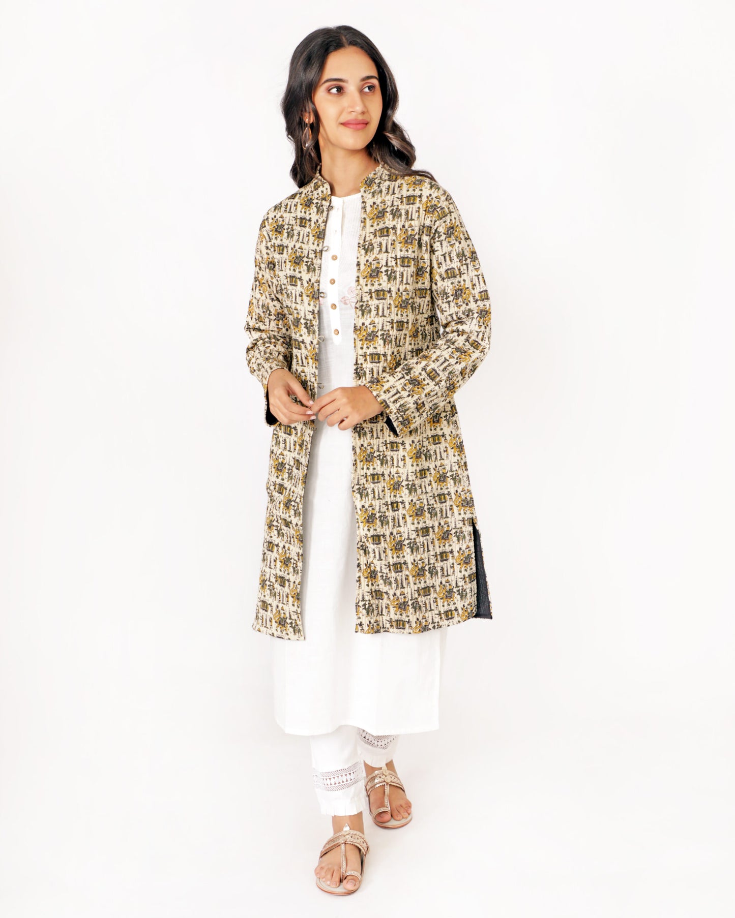 Beige Cotton Hand Block Printed Long Jacket