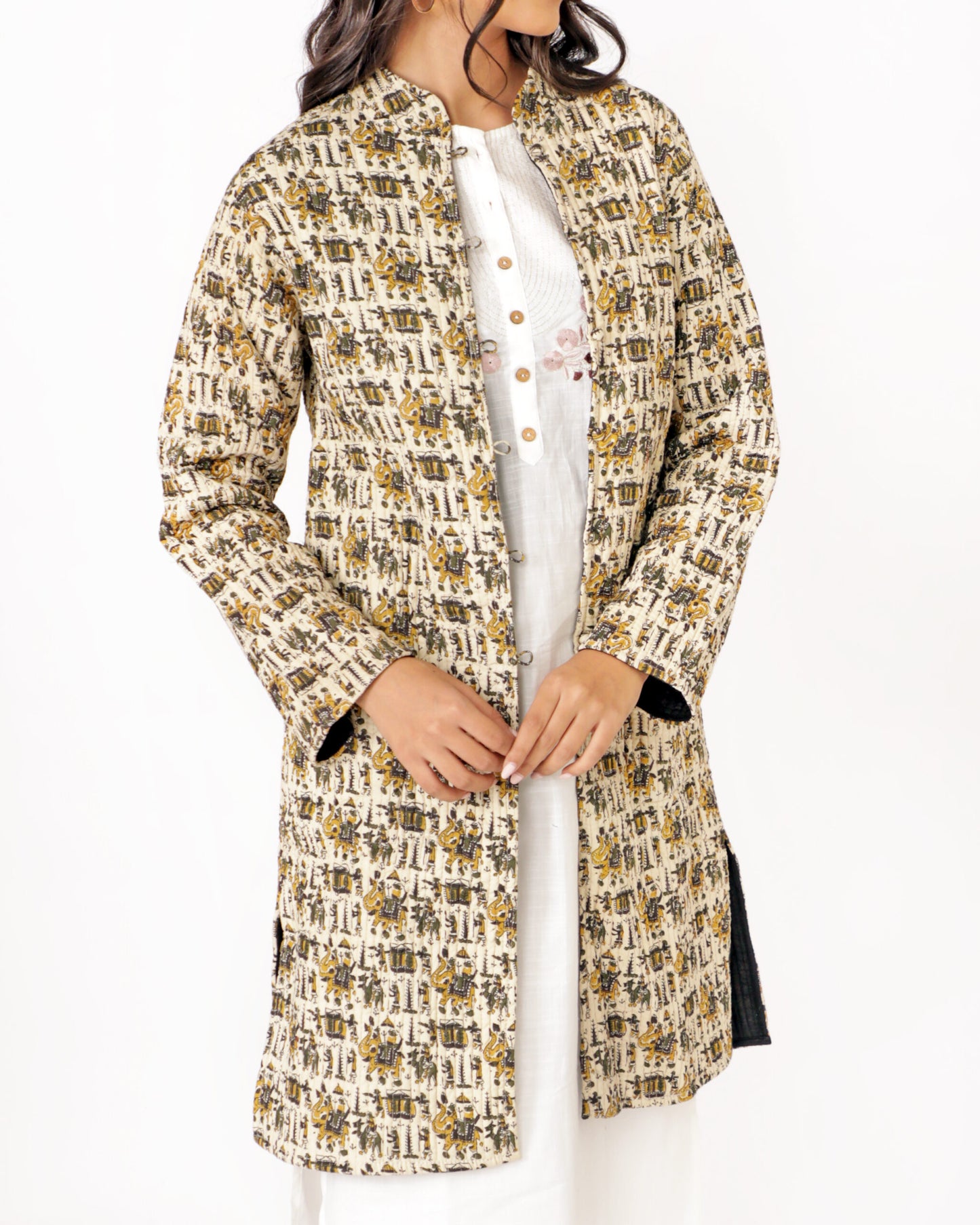 Beige Cotton Hand Block Printed Long Jacket