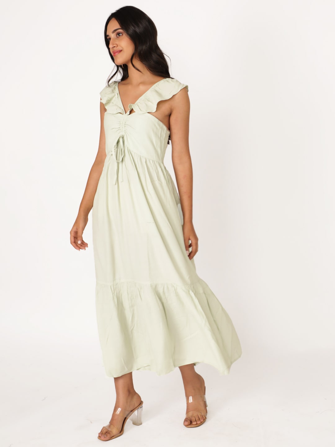 Mint Green Cotton Viscose Solid Sleeve Less Dress