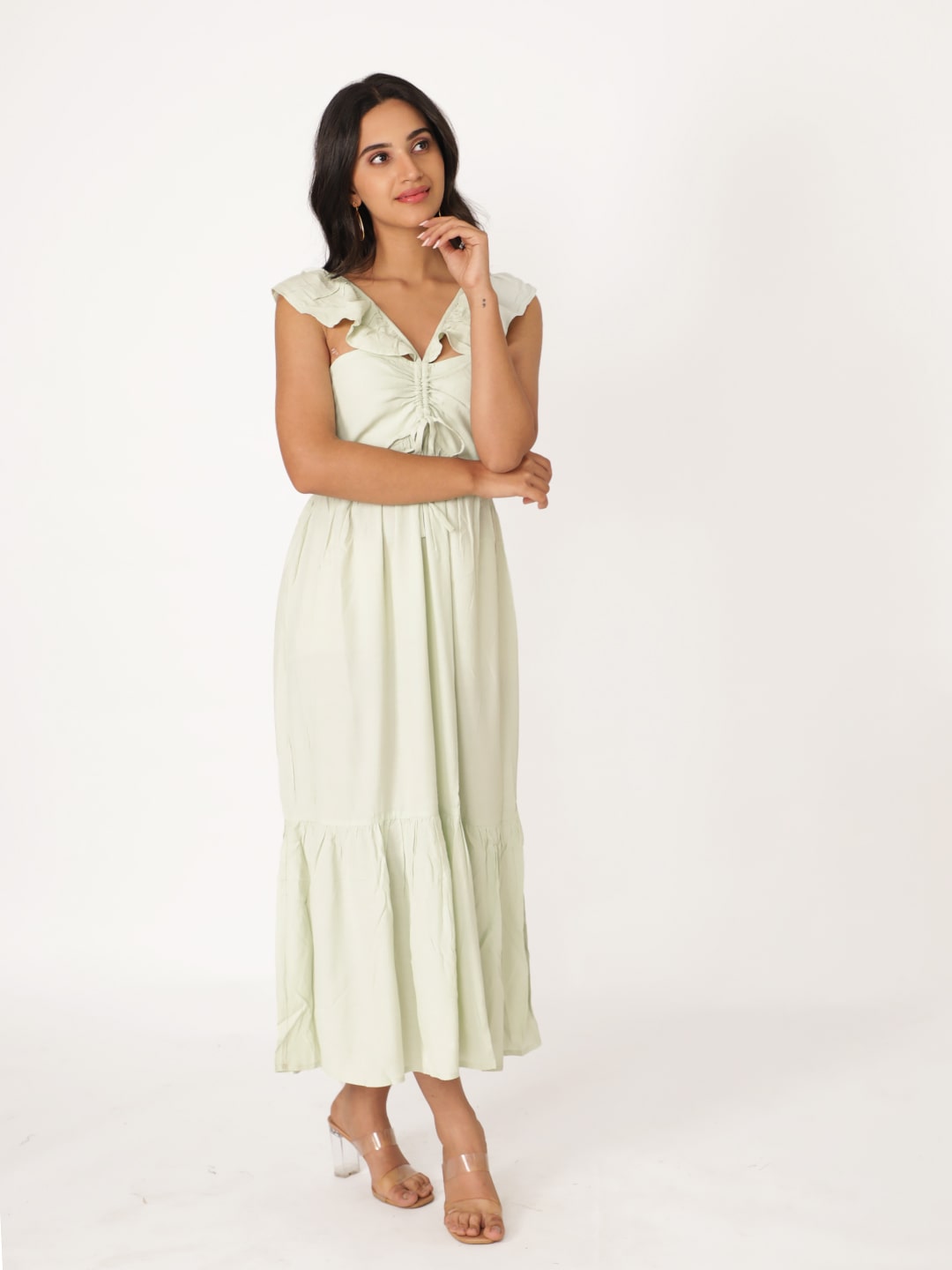 Mint Green Cotton Viscose Solid Sleeve Less Dress