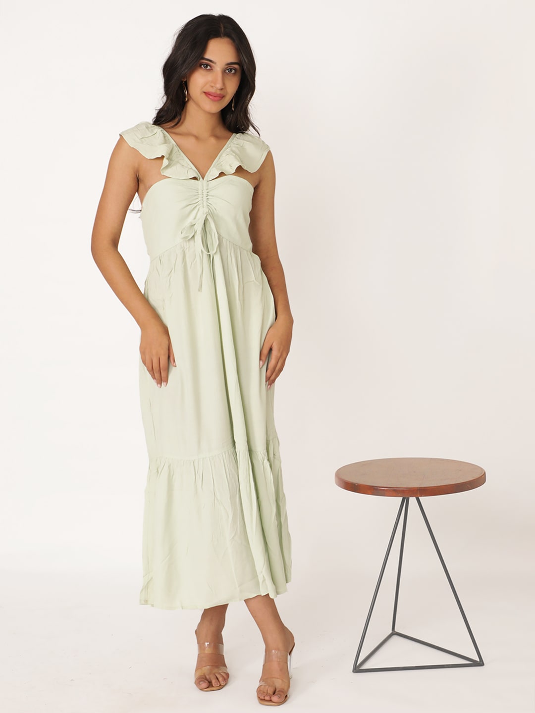 Mint Green Cotton Viscose Solid Sleeve Less Dress