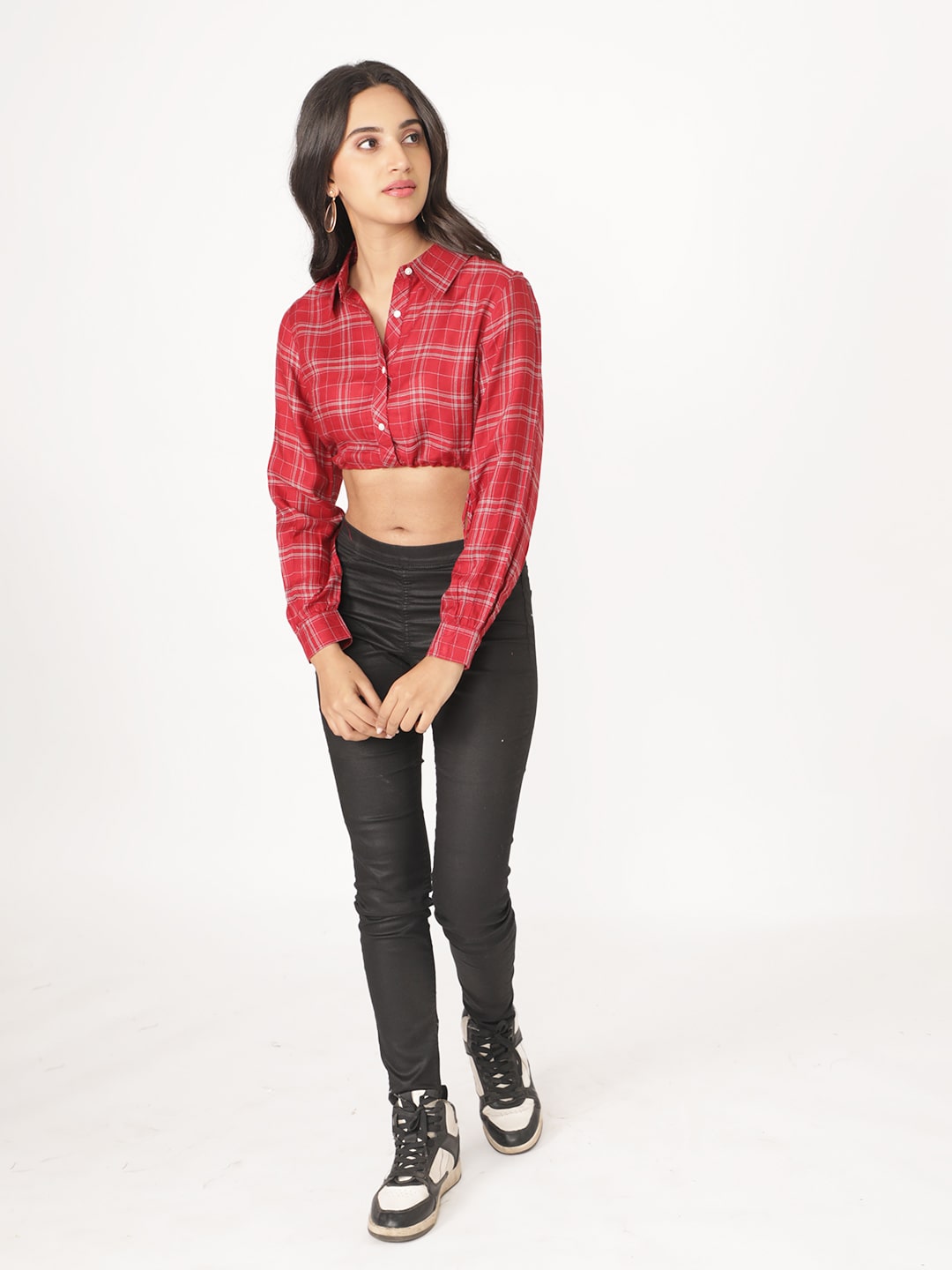 Red Cotton Checks Full Sleeve Top