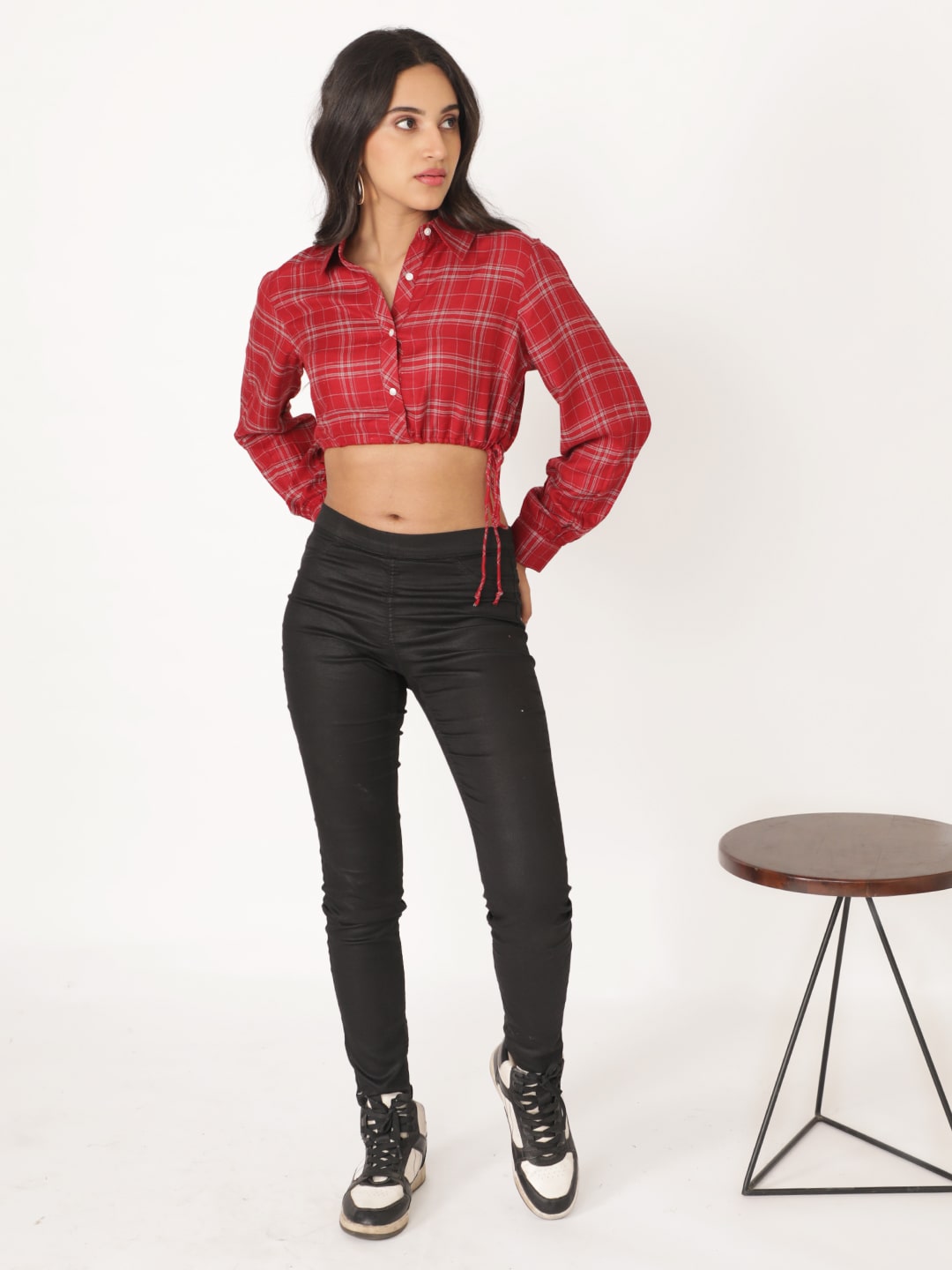 Red Cotton Checks Full Sleeve Top