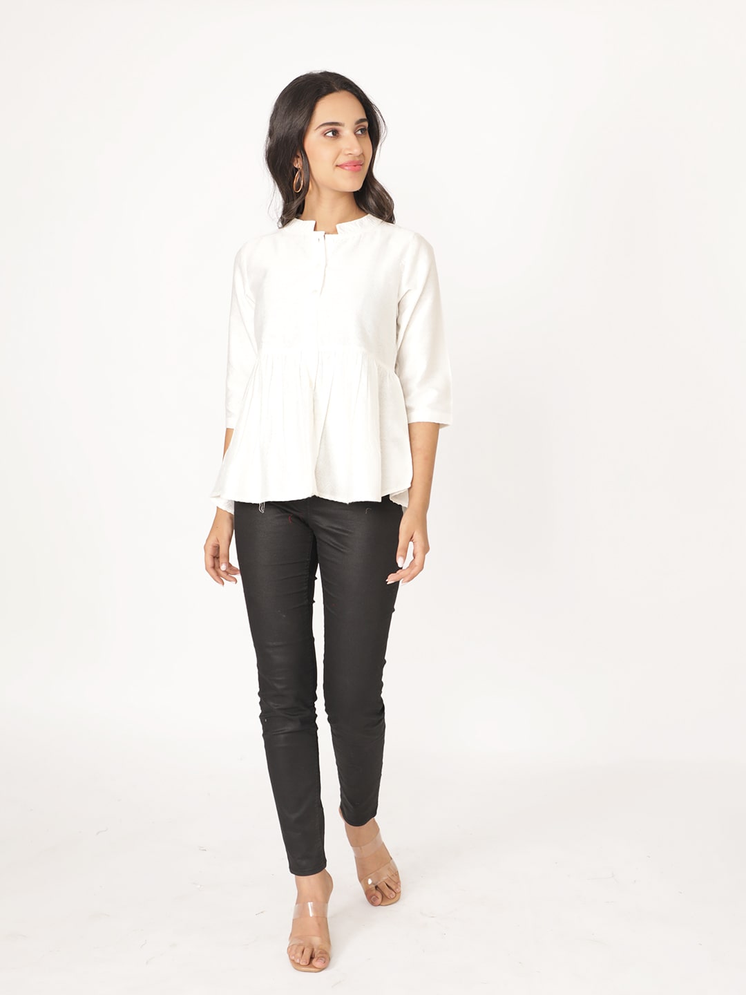 White Cotton Viscose Solid 3/4th Sleeve Top