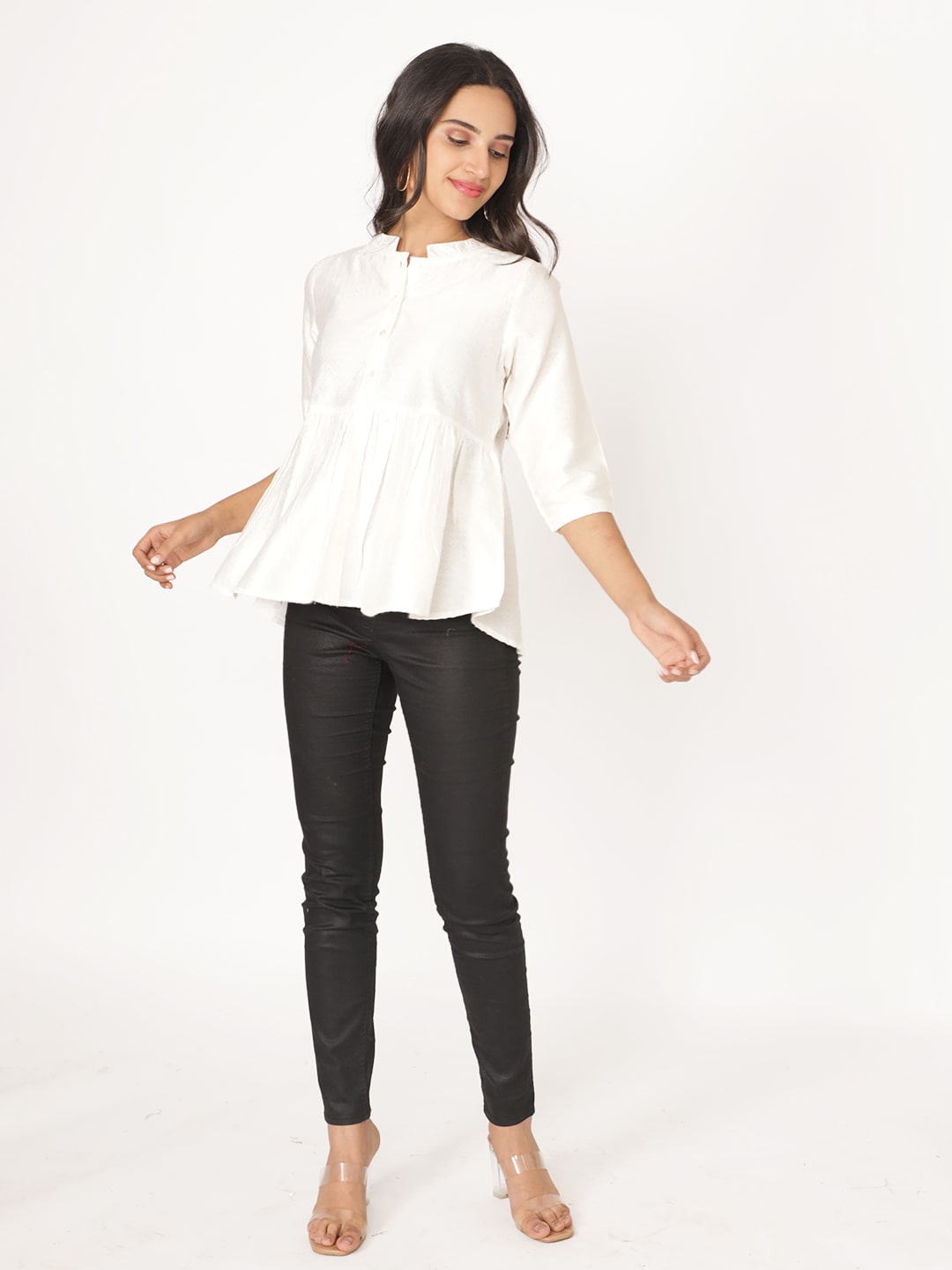 White Cotton Viscose Solid 3/4th Sleeve Top