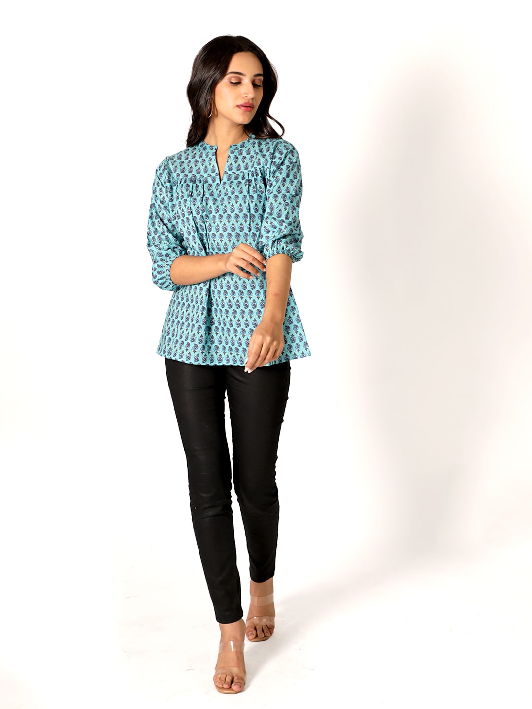 Blue Cotton Handblocked Printed Top