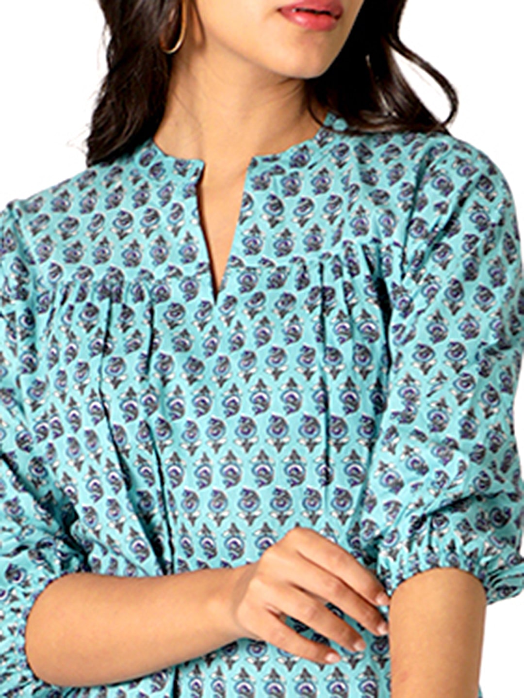 Blue Cotton Handblocked Printed Top