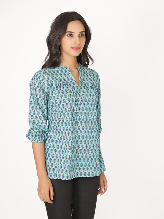 Blue Cotton Handblocked Printed Top