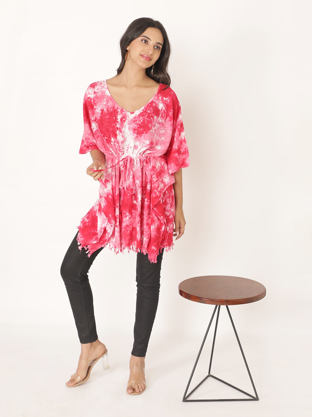 Pink Cotton Rayon Tie N Dye Short Sleeve Top