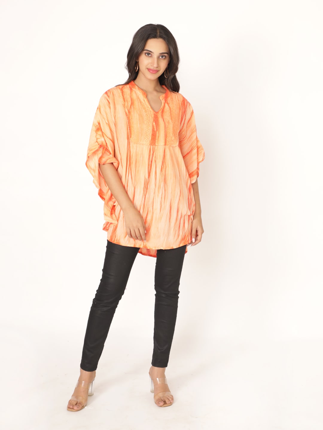 Orange Cotton Rayon Tie N Dye Short Sleeve Top