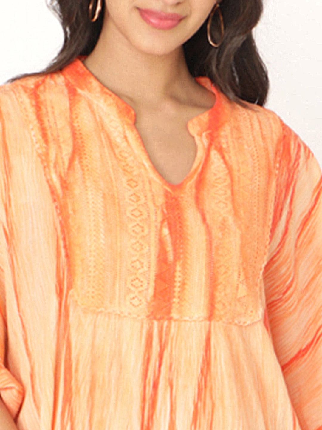 Orange Cotton Rayon Tie N Dye Short Sleeve Top