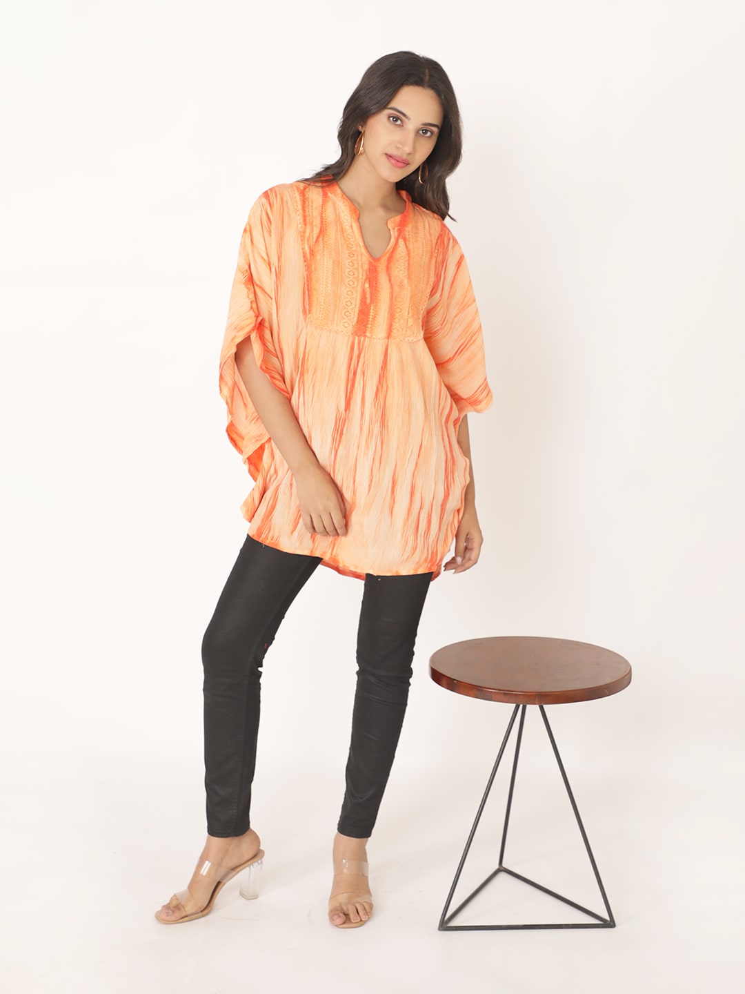 Orange Cotton Rayon Tie N Dye Short Sleeve Top