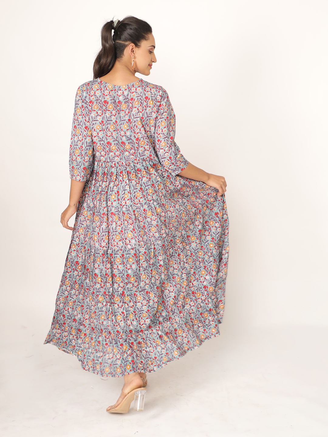 Blue Cotton Handblocked Bagru Printed V Neck dress