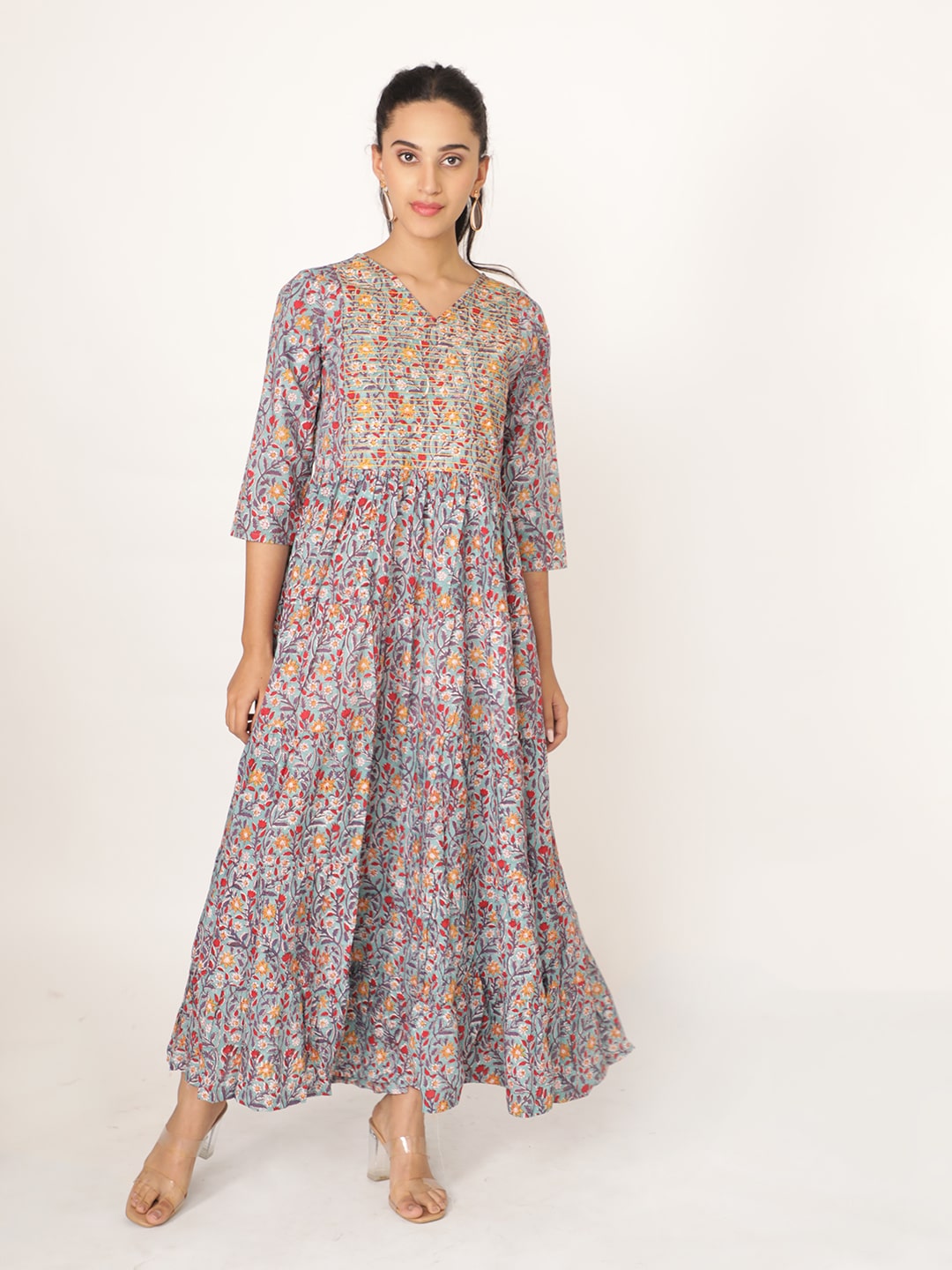 Blue Cotton Handblocked Bagru Printed V Neck dress