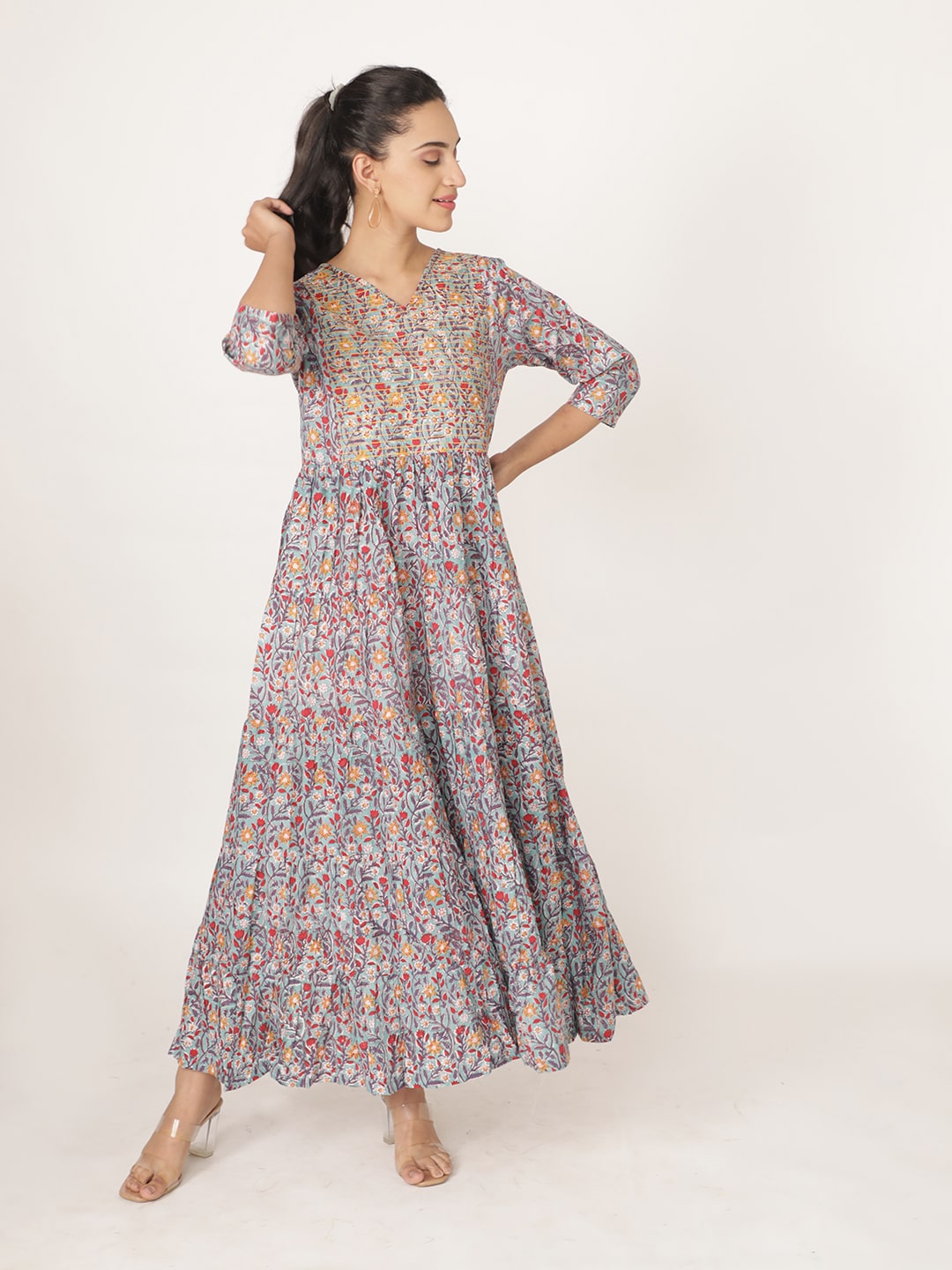 Blue Cotton Handblocked Bagru Printed V Neck dress