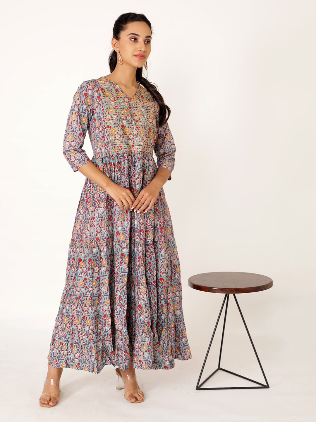 Blue Cotton Handblocked Bagru Printed V Neck dress