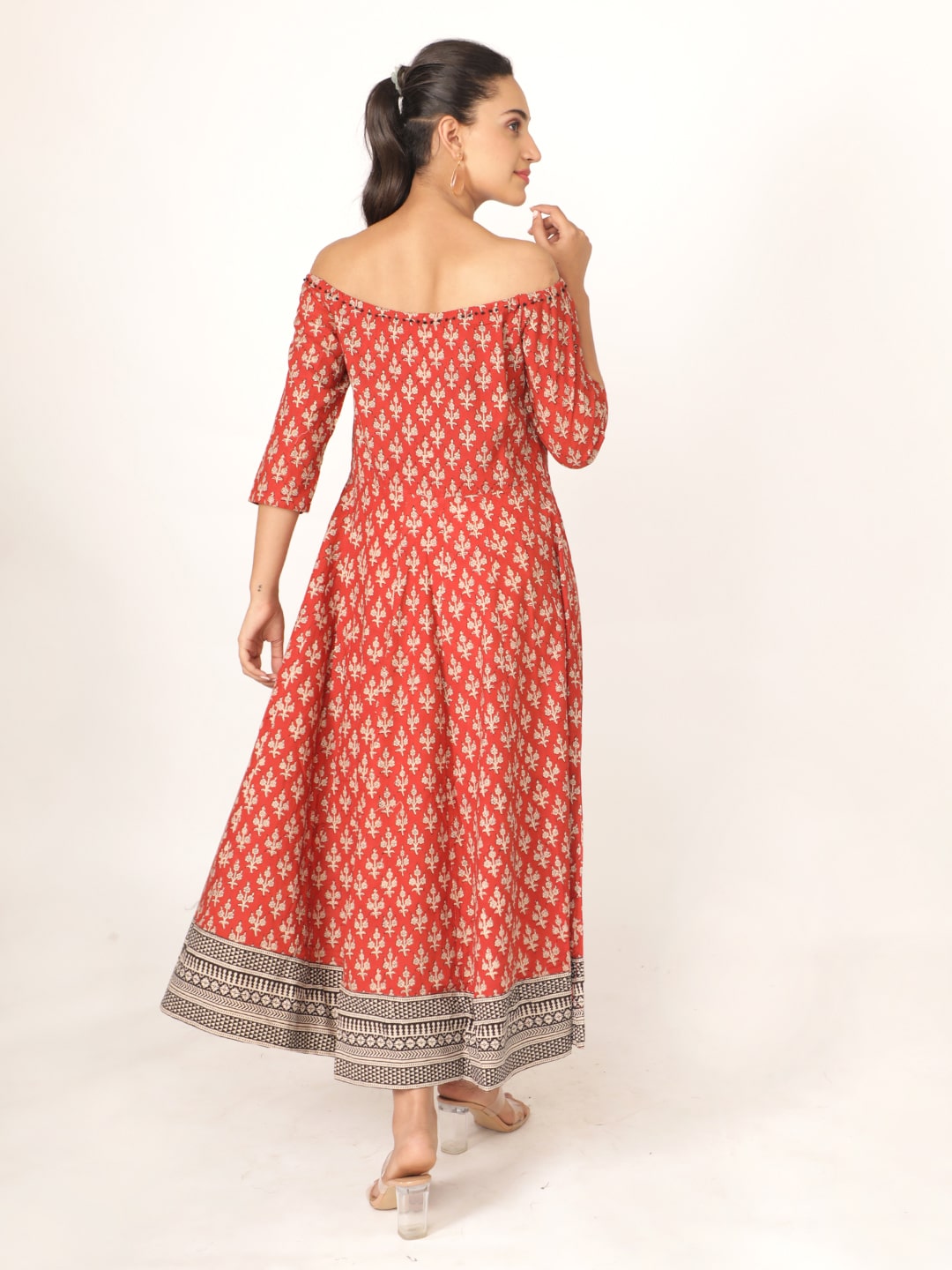 Red Cotton Handblocked Bagru Printed Short Sleeve Dress