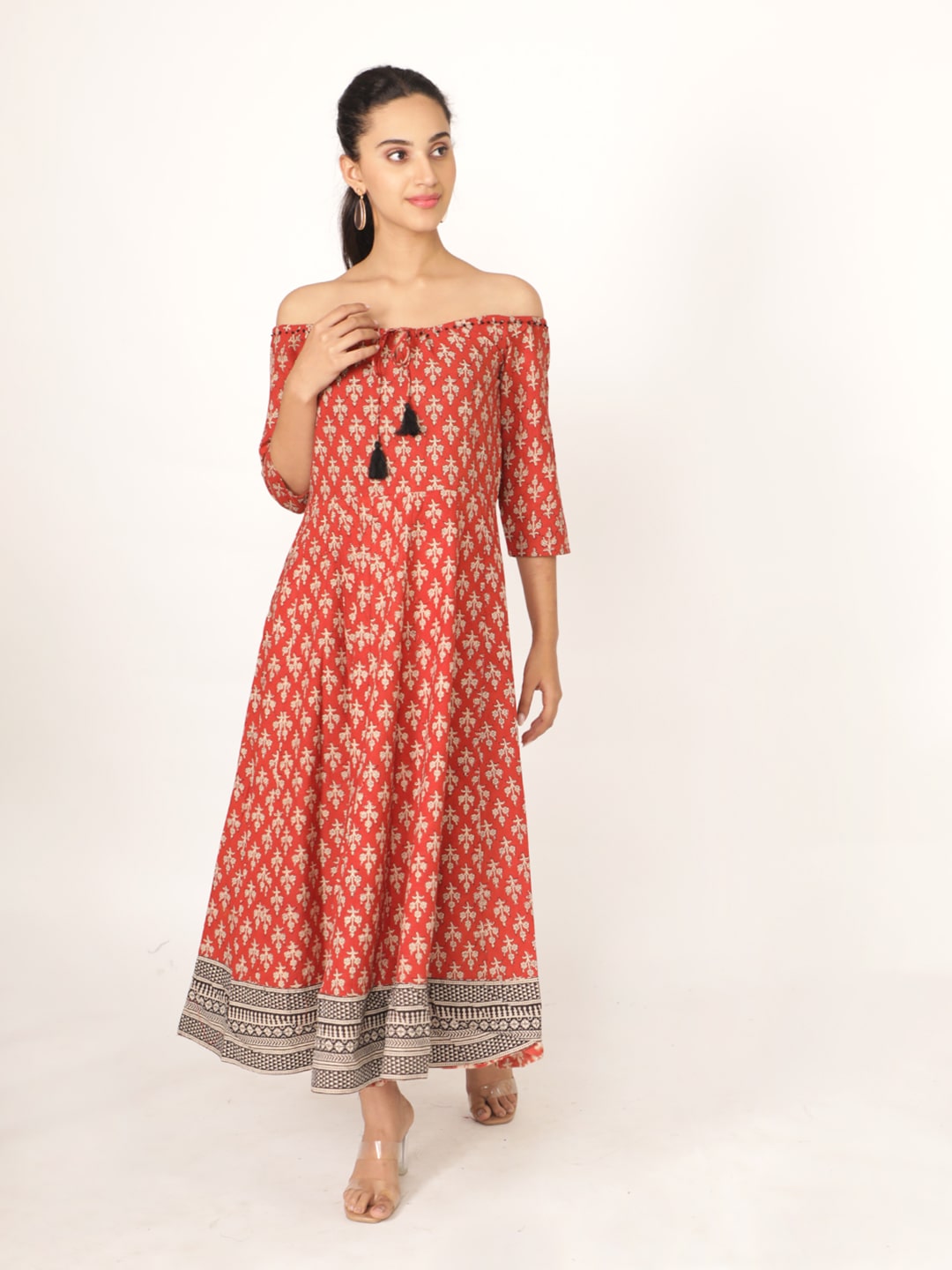 Red Cotton Handblocked Bagru Printed Short Sleeve Dress