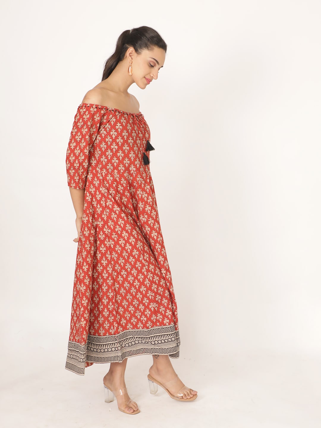 Red Cotton Handblocked Bagru Printed Short Sleeve Dress