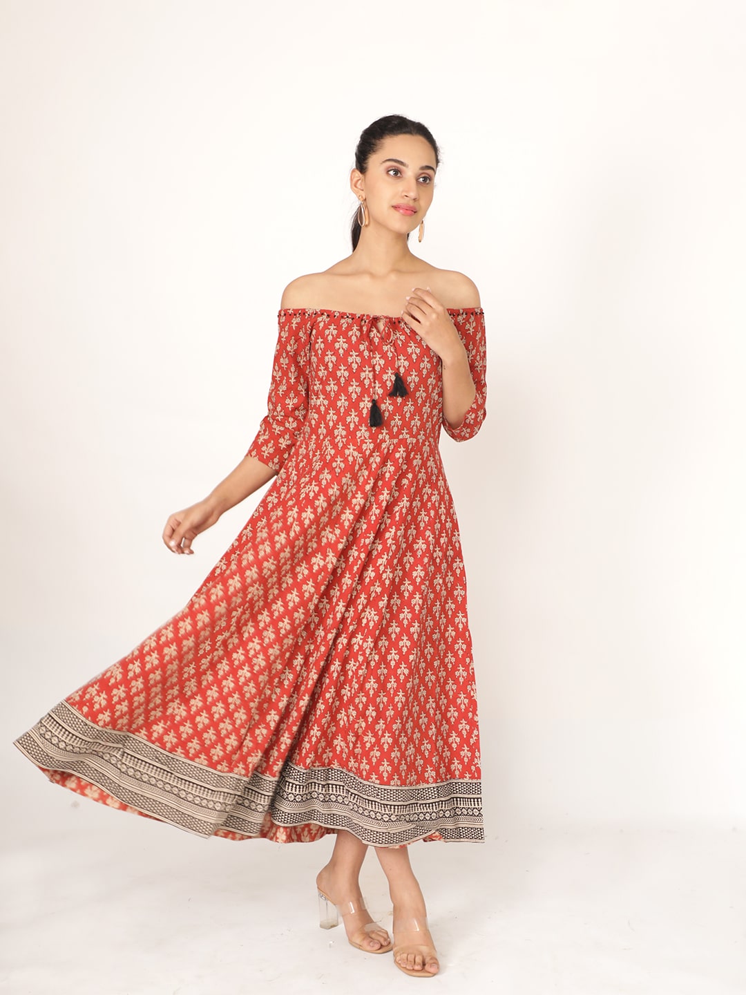 Red Cotton Handblocked Bagru Printed Short Sleeve Dress