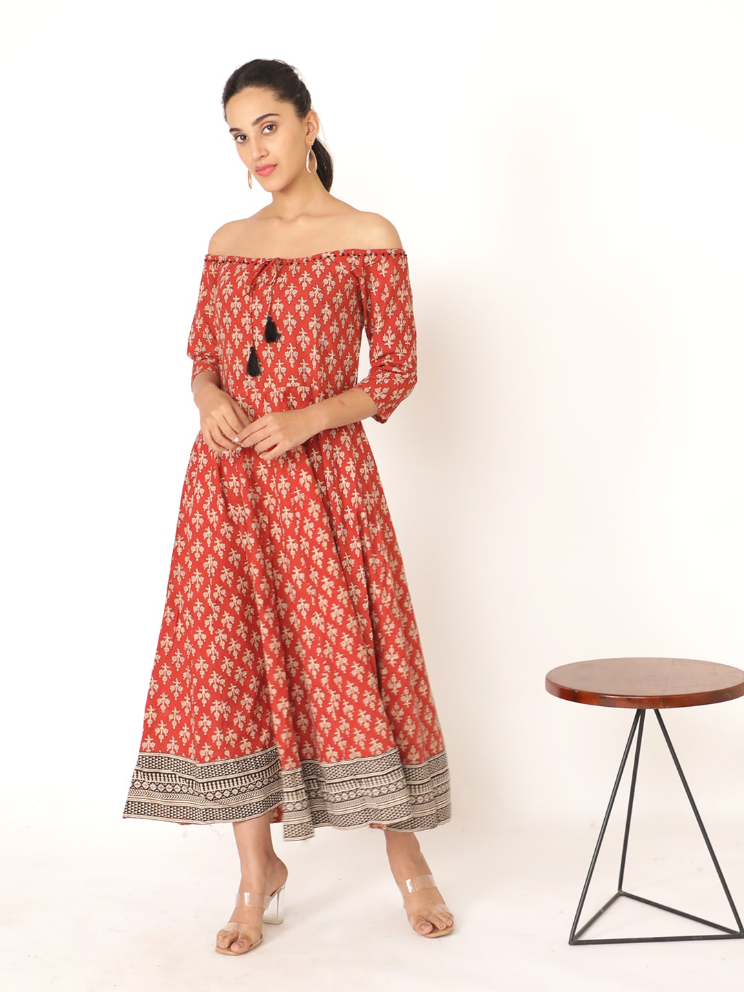 Red Cotton Handblocked Bagru Printed Short Sleeve Dress