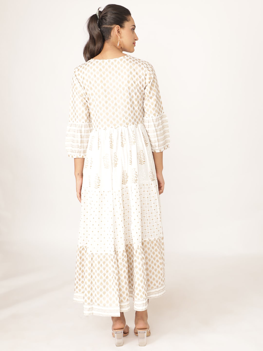 White Cotton V Neck Hand Block Printed Dress