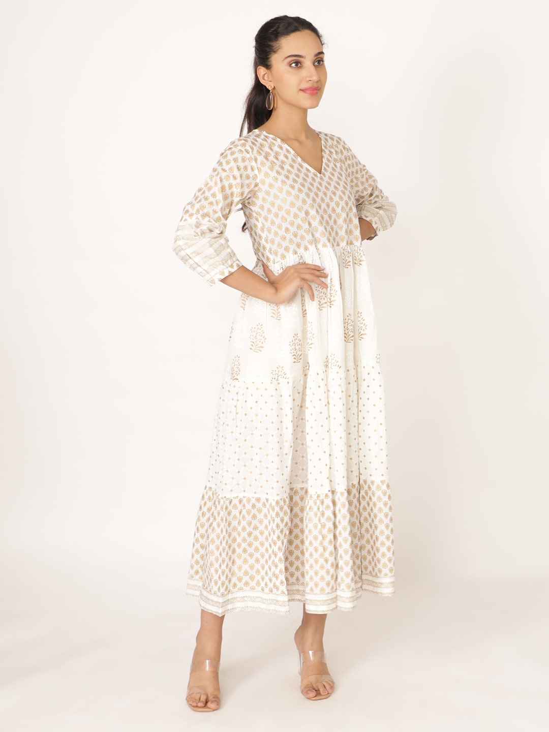 White Cotton v Neck Handblocked Printed Dress