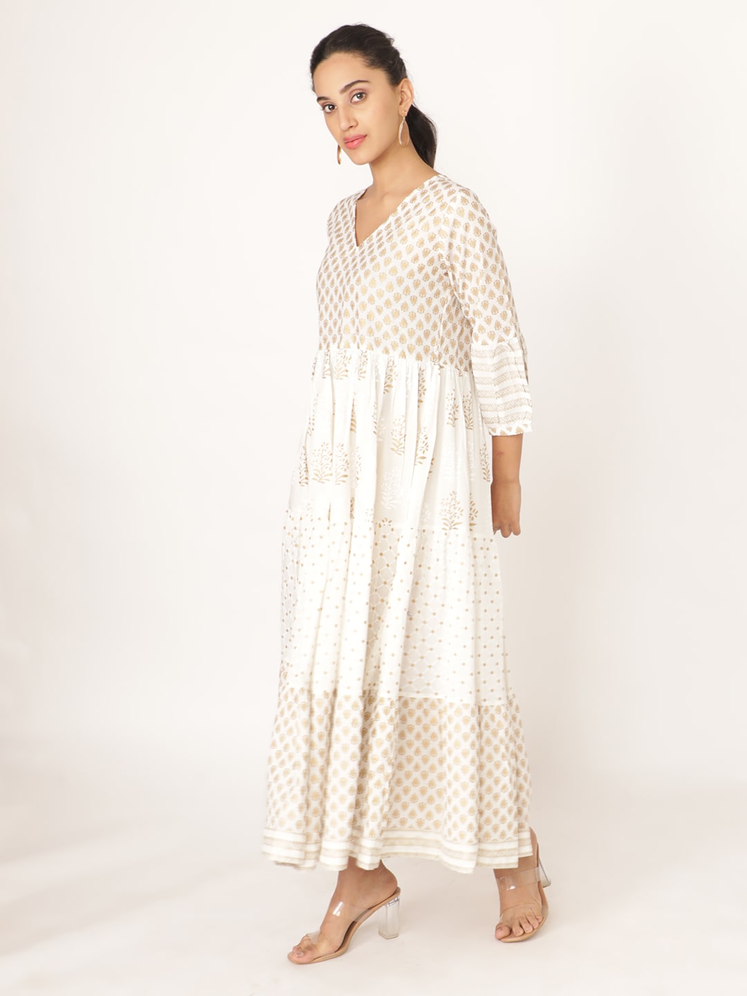 White Cotton v Neck Handblocked Printed Dress