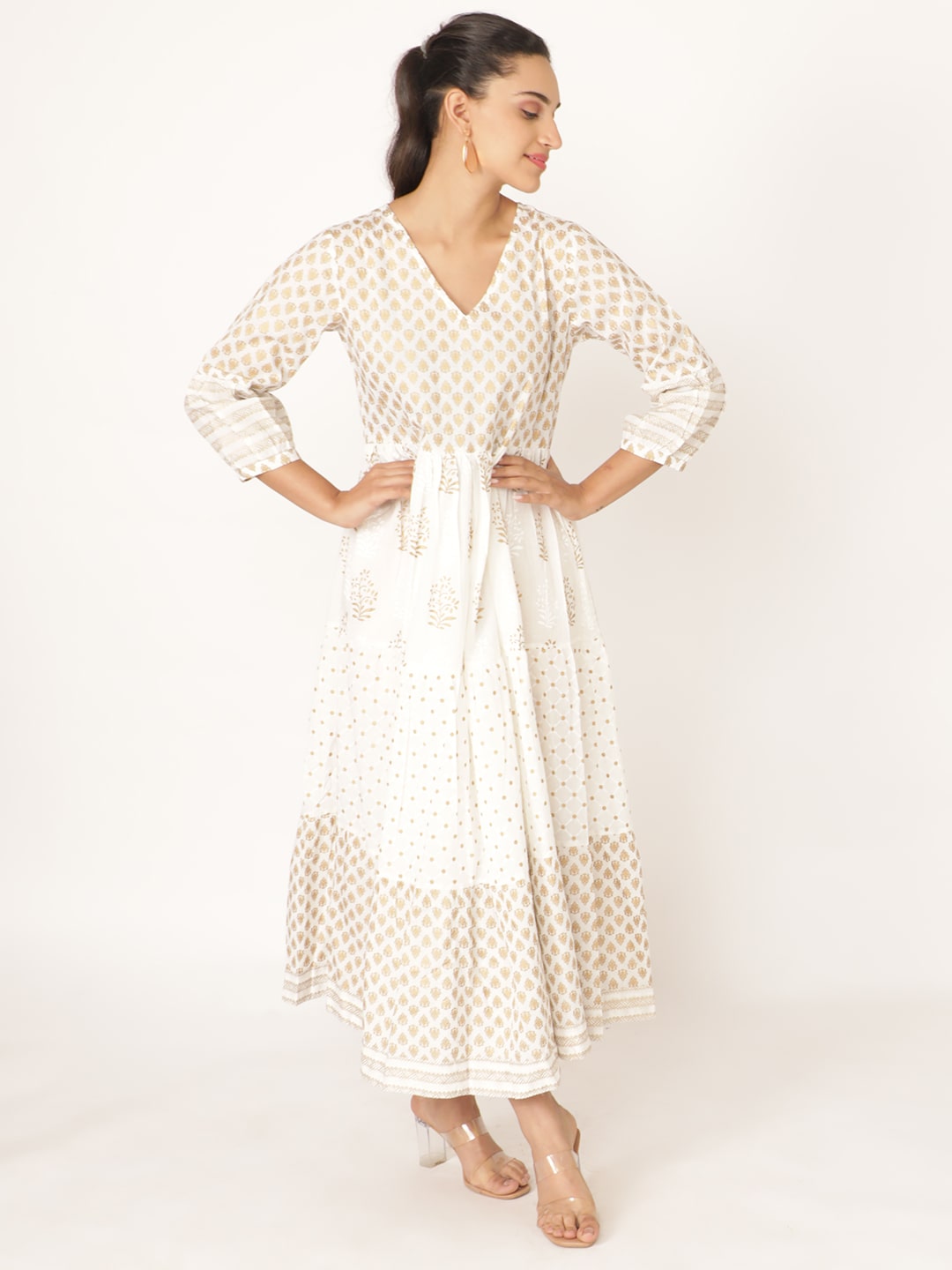 White Cotton v Neck Handblocked Printed Dress