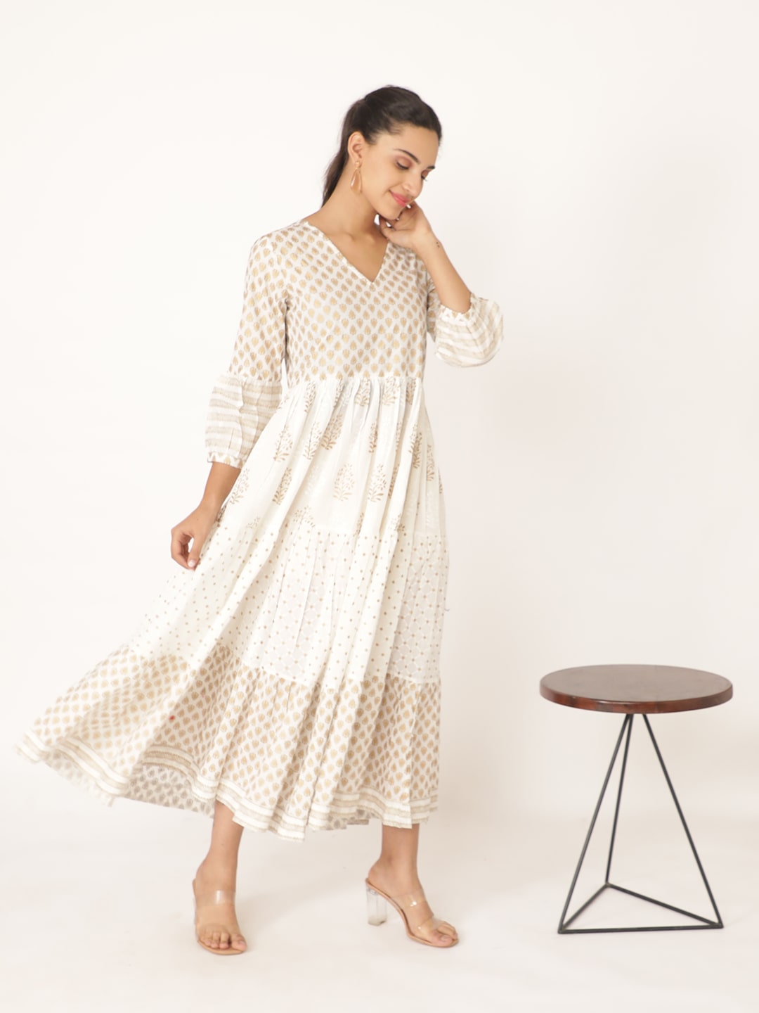 White Cotton v Neck Handblocked Printed Dress