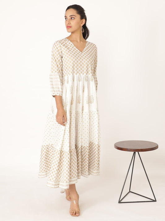 White Cotton v Neck Handblocked Printed Dress