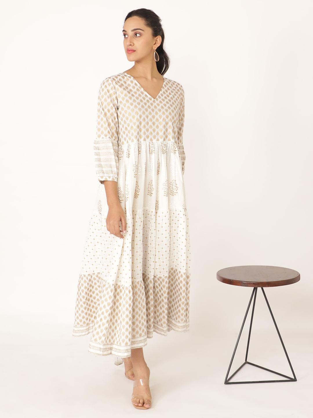 White Cotton V Neck Hand Block Printed Dress