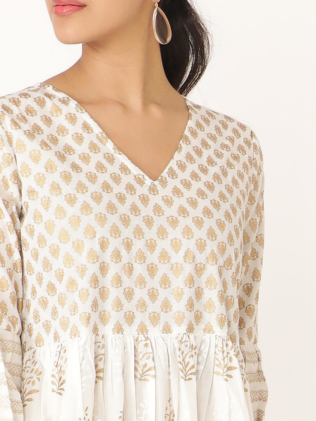 White Cotton V Neck Hand Block Printed Dress