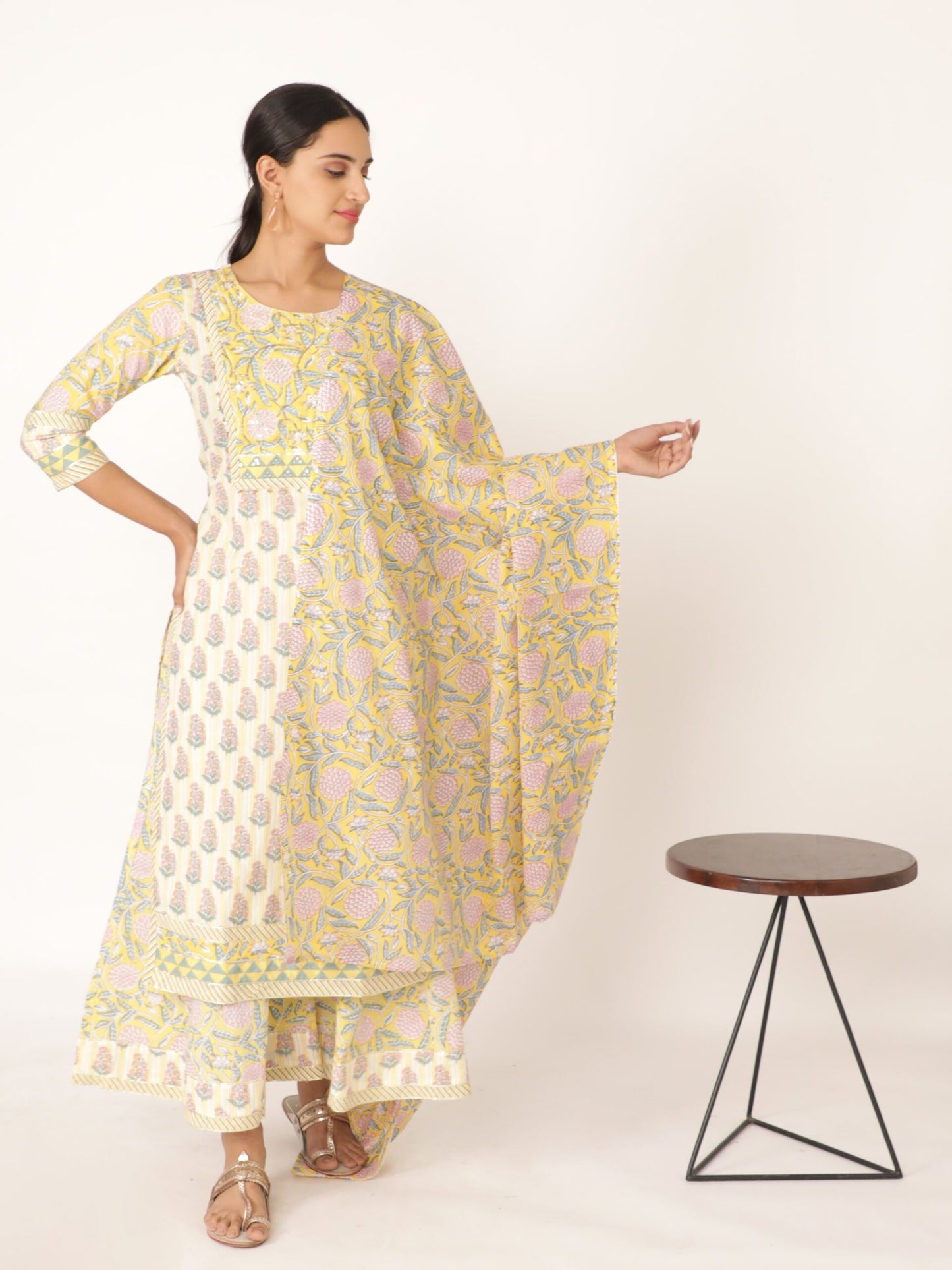 White Handblocked Bagru Printed Straight Kurta Set