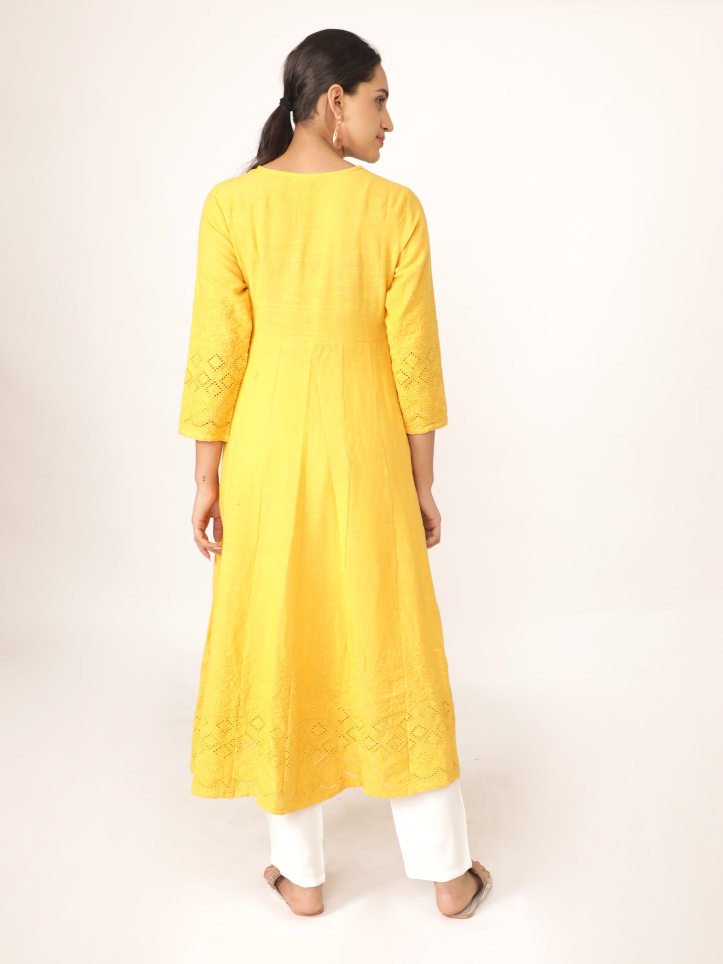 Yellow Cotton Solid Printed Kurta Set