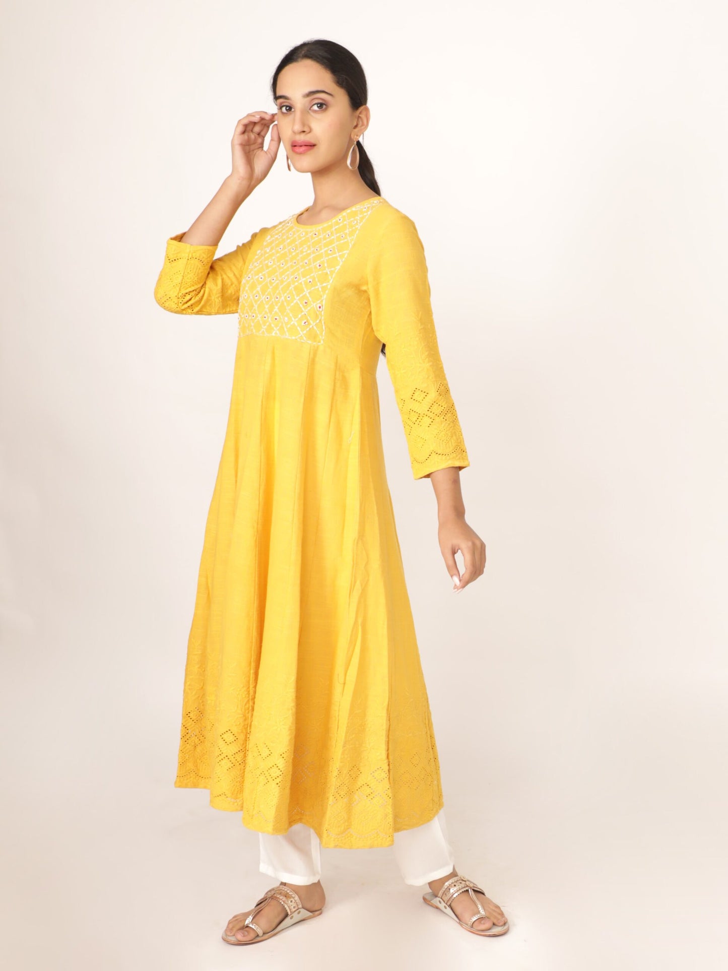 Yellow Cotton Solid Printed Kurta Set