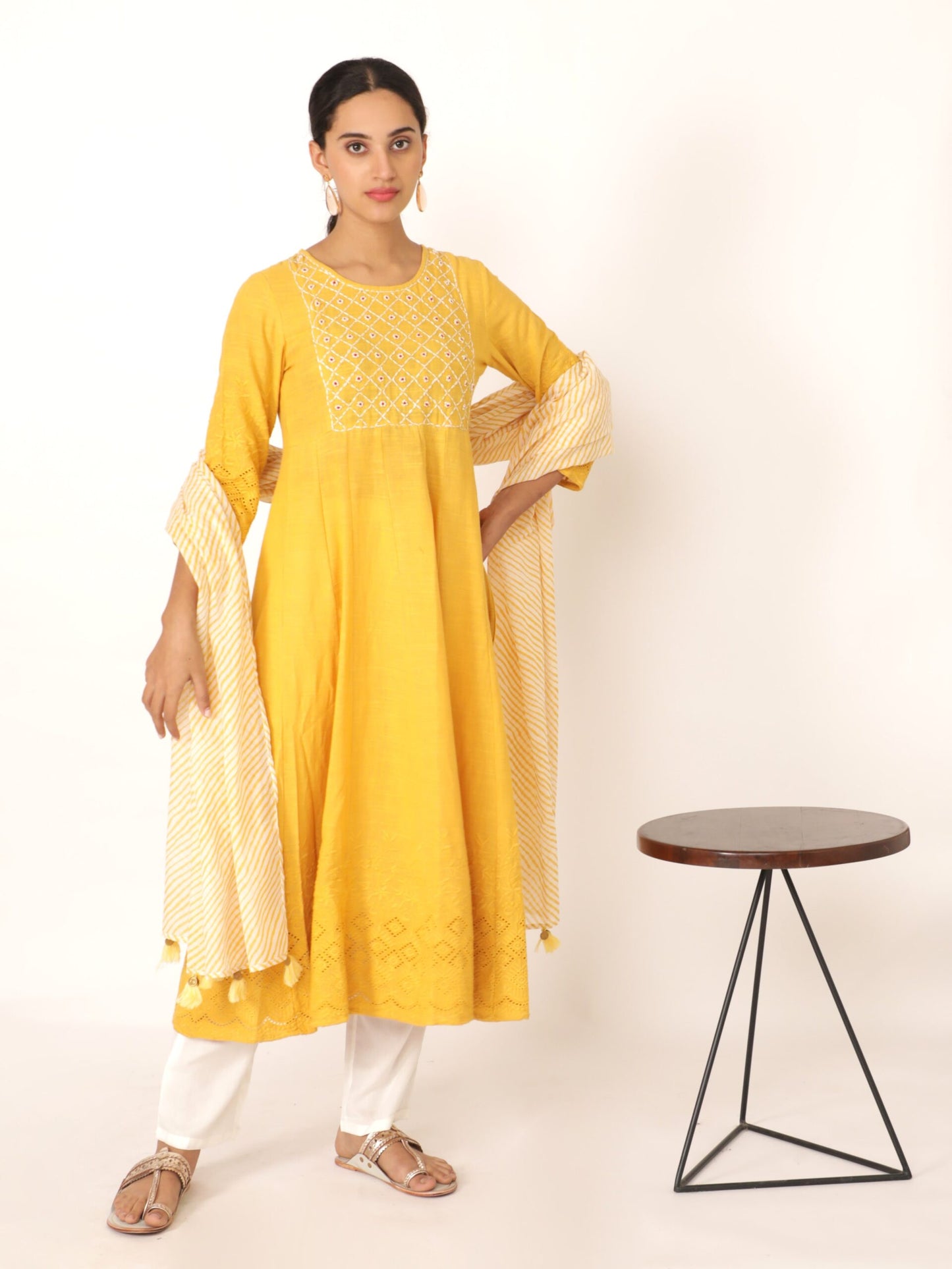 Yellow Cotton Solid Printed Kurta Set