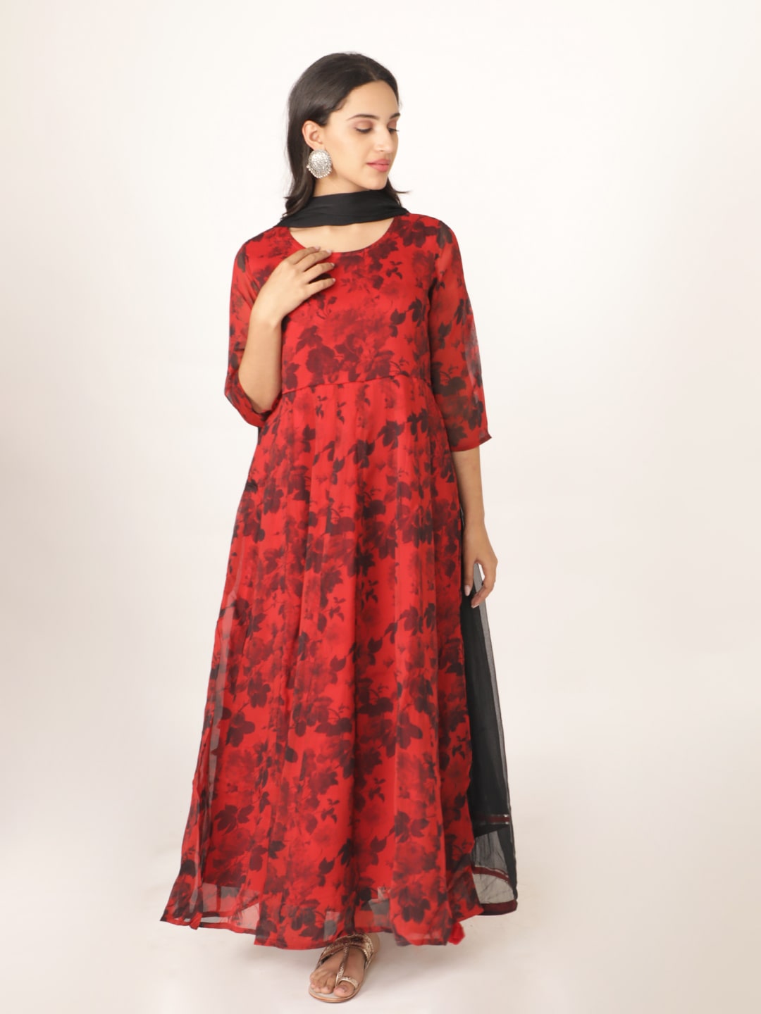 Red Printed Organza Round Neck Kurta Set