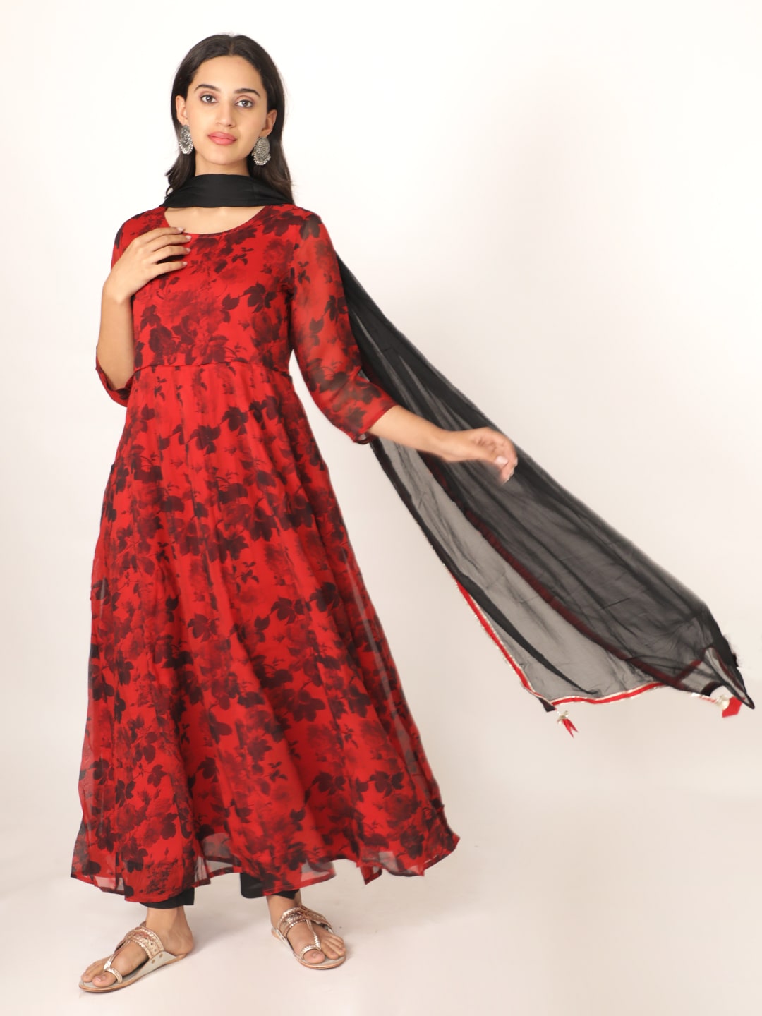 Red Printed Organza Round Neck Kurta Set