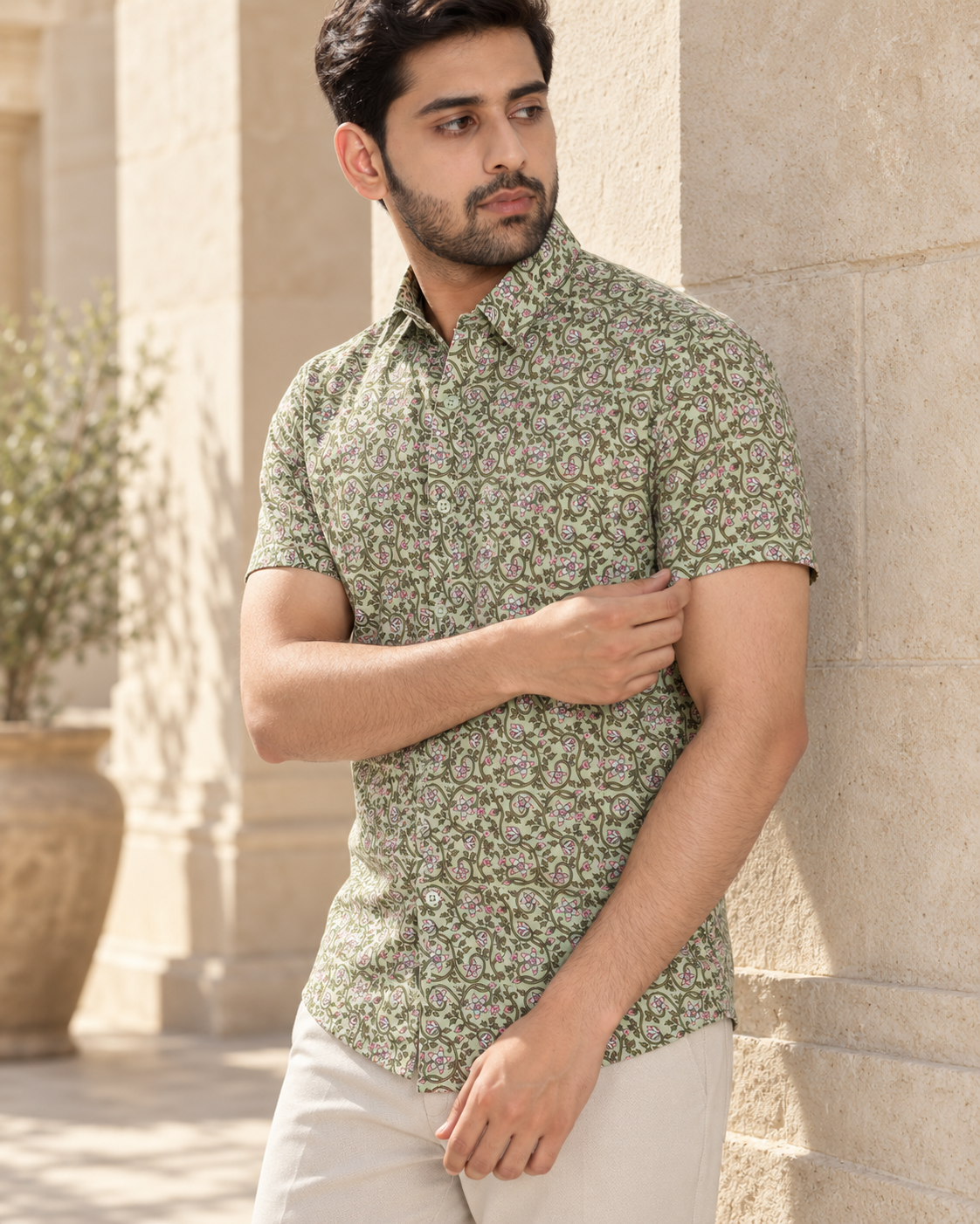 Light green Short Sleeve Cotton Hand Block Printed Men’s Shirt