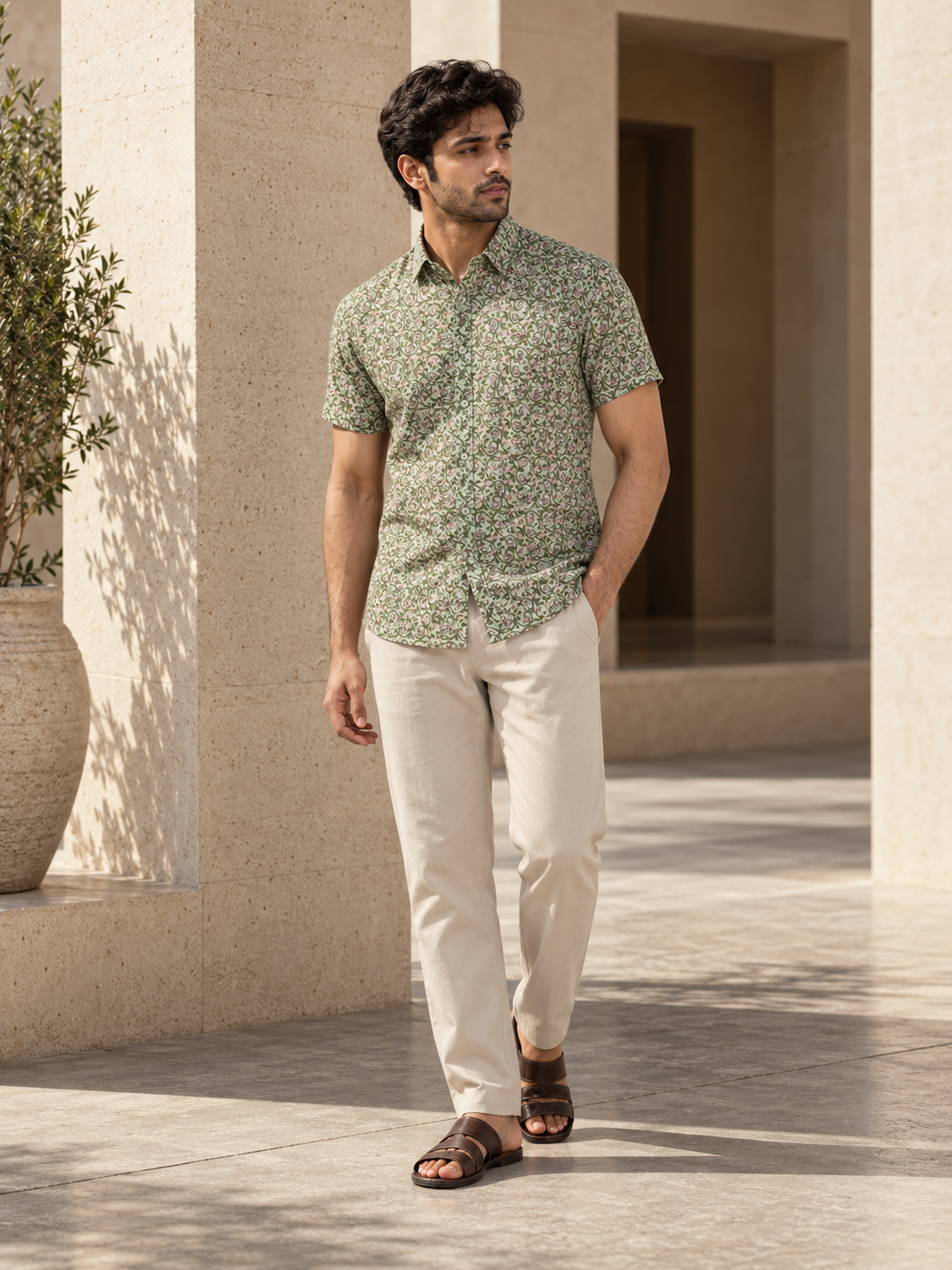 Light green Short Sleeve Cotton Hand Block Printed Men’s Shirt