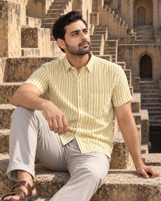 Light yellow Short Sleeve Cotton Hand Block Printed Men’s Shirt