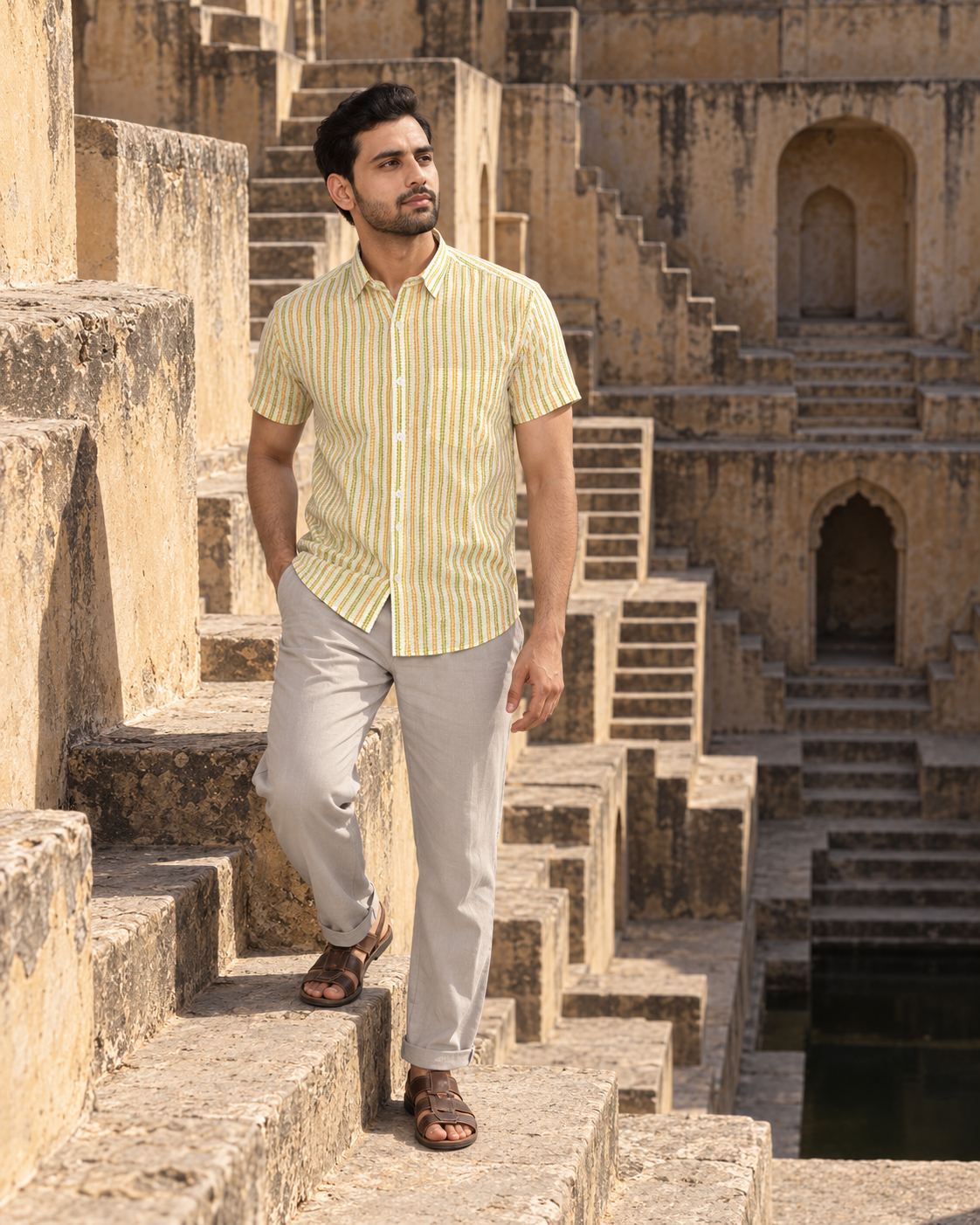 Light yellow Short Sleeve Cotton Hand Block Printed Men’s Shirt