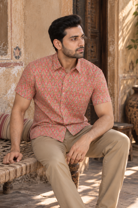 Mix Short Sleeve Cotton Hand Block Printed Men’s Shirt