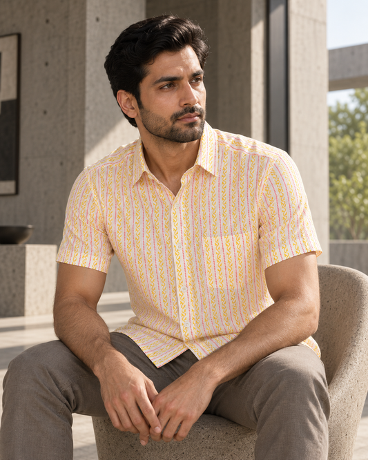 Off White Cotton Hand Block Printed Men's Shirt